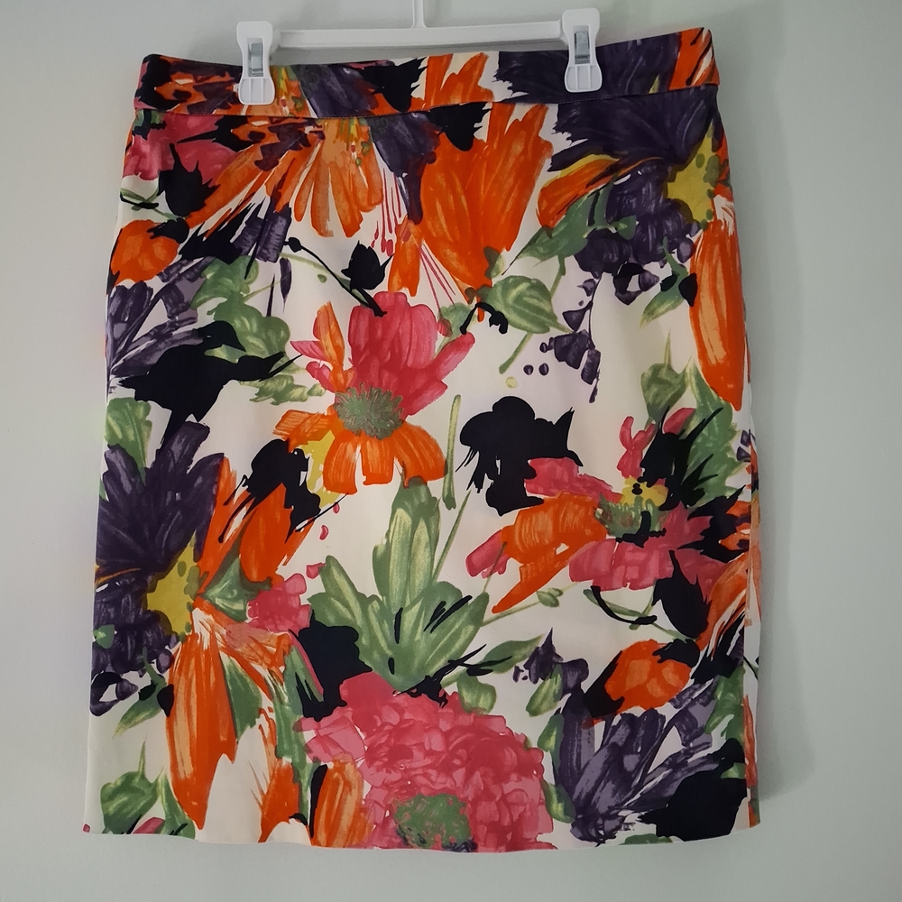 J Crew The Pencil Skirt Bold Floral Print In Bright Multi Pink Orange Size 10